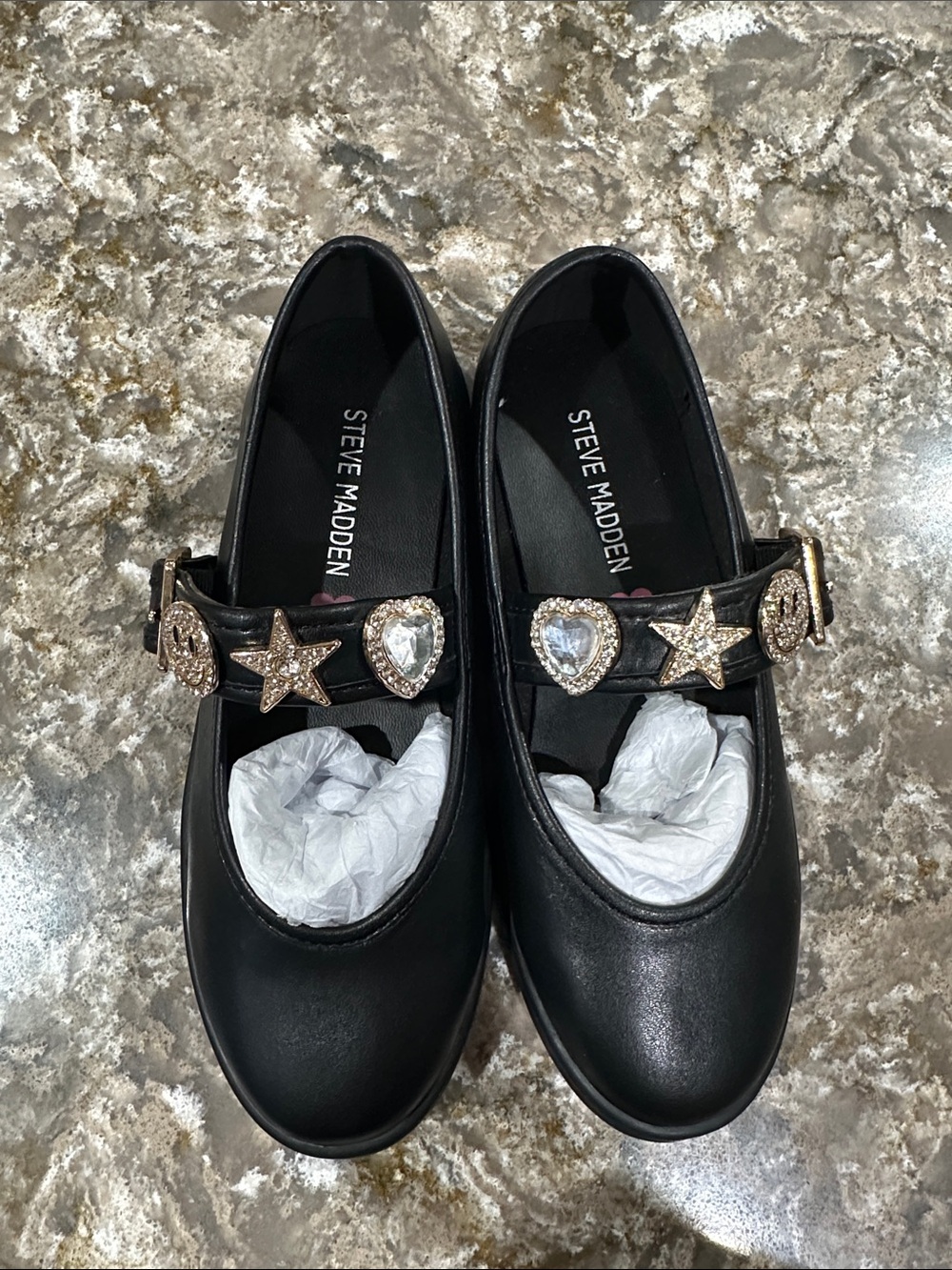 Steve Madden Kids Black Mary Jane Flats with Gold Gem Embellishments